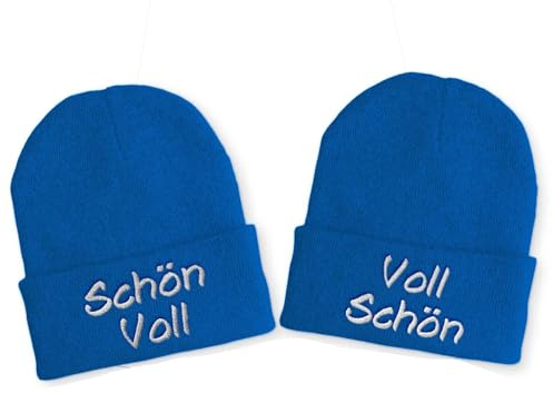 tshirtladen Schön Voll Voll Schön Duo Mütze Blau - Witzige Partnermütze mit Stickerei als Strick-Beanie, Onesize Wintermütze für Paare, Festival, Fasching oder Alltag