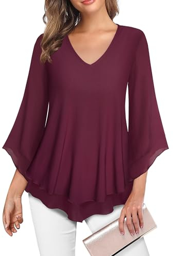 Datuhao Tunika Damen Elegant Festlich Bluse 3/4 Arm Longshirt für Leggings, Abendblusen Damen Elegant Party Oberteil Curvy Edel Blusen Tunika Lang Weinrote Bluse mit Glockenärmel,XL