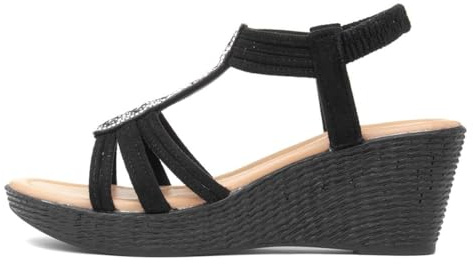 Lilley Womens Black Slip On Diamante Wedge Sandals