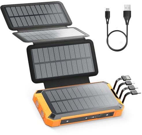 Potuem Solar Power Bank 32000mAh Fast Charging Portable Charger with 4 Cables and 4 Solar Panels Solar, Wireless Solar Charger with LED Flashlights, Outdoor External Battery for Phone
