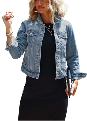 JayscreateEU Jeansjacke Damen Kurz Denim mit Lange Ärmel Umlegekragen Oversize Taschen Herbst Mantel Outwear Sommer