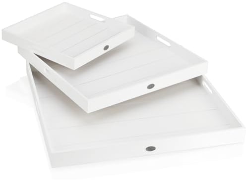 COM-FOUR® Ensemble de Plateaux en Bois 3 pièces - Planches décoratives Vintage en 3 Tailles - Plateaux de Service Blancs avec Plaque métallique - Bols décoratifs (03 pièces - Plateau Blanc)