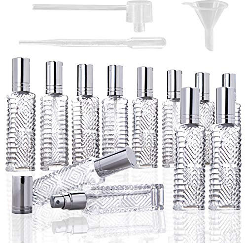 HDCRYSTALGIFTS 12pcs Clear Glass Atomizer Spray Bottles 10ML Empty Refillable for Perfume Essential Oil,Packed with Funnels Pipettes Dispensers