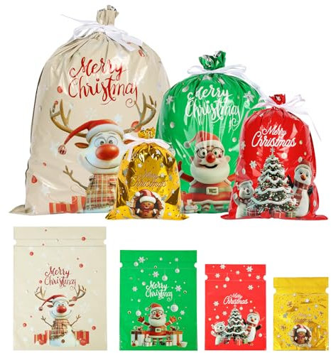 24 Stück Weihnachten Geschenkbeutel mit Kordelzug, EDWENE Weihnachtsgeschenkbeutel, Partytüten Geschenktüten Tüten Süßigkeiten Süße Taschen Mitgebsel Beutel Kekstüten Geschenktüte