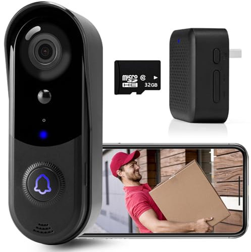 Doorbell Camera Wireless with Chime, WiFi Video Doorbell Camera, 32GB SD Card,No Monthly Fees, 1080P HD, 2-Way Audio, Motion Detection, IP65 Waterproof,2.4G WIFI, Pre-installed