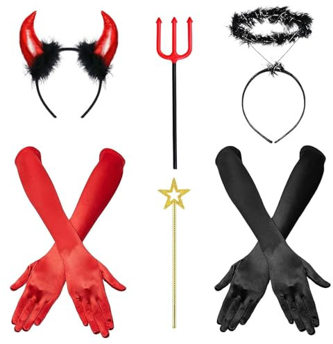YUNHENTONG Accesorios Disfraz Halloween, Ángel Negro y Demonio Rojo Accessoires, Diadema, Varita de Ángel, Tenedor del Diablo, Guantes, para Niñas Mujeres Accesorios de Cosplay de Halloween