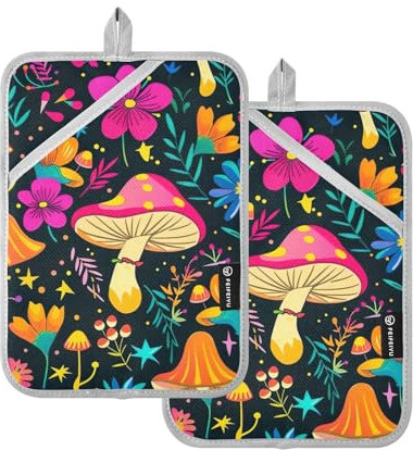 Psychedelic Pilz Sterne Blumen Topflappen 2er Set Hot Pads für Küche Dekorative Ofen Hot Pads mit Taschen Hitzebeständiger Untersetzer Topflappen zum Kochen BBQ Mikrowelle