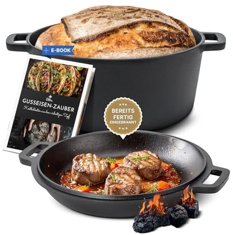 Ottia Gusseisen Topf, Deckel als Pfanne, Brot backen, Eintopf, Schmortopf, für Induktion, Gas, Camping, Feuer, BBQ, Grill, mit Rezeptbuch, Händler aus Hamburg
