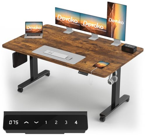 Devoko Höhenverstellbarer Schreibtisch mit 2 Motoren,25mm Einteilige Tischplatte, 160x80 cm Mobiler Elektrisch Computertisch mit Kabel Management, Vintagebraun - Perfekte Ergonomie für Dein Büro
