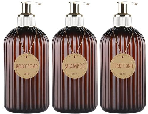 DEROANBOTT Bathroom Shampoo and Conditioner Dispenser, Reusable Plastic Bottles for Shampoo and Shower Gel, with Waterproof Labels, soap Dispenser with Pump (Amber Color)