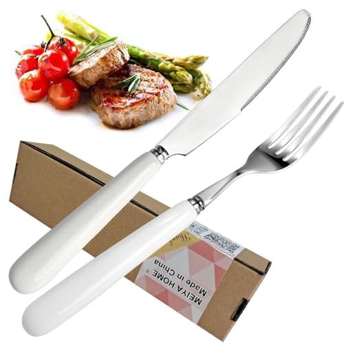MEIYAHOME 2-teiliges Set Hochwertig Abendessen Gabel,Hauptgabel, Hauptessenmesser Essmesser,Steakmesser,weißer Keramikgriff, Edelstahlklinge, Tischmesser, Hotelgeschirr,Spiegelpolieren, Glatte Kanten