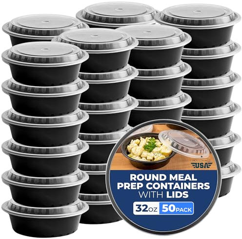 32 Oz Disposable Bowls with Lids, 50 Round Microwavable Plastic Meal Prep Salad Bowls Disposable To Go Food Containers with Lids, Storage Soup Salad Container for Lunch Left Over Take Away with Lid