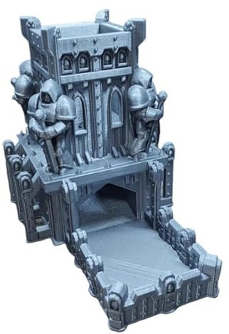 DND Torre de dados y bandeja, impresión 3D Castillo Estatua Cubo Rolling Tower para Dragones y Dungeons D&D Mesa RPG Juegos Plata Gris