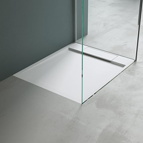 Mai & Mai Piatto Doccia in Marmo Resina Effetto Pietra Cemento | Superficie Antiscivolo con Piletta di Scarico | Forma Rettangolare, 80x90x4cm, Bianco, Geoma04
