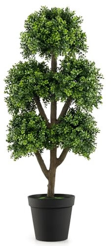 RELAX4LIFE Arbre Artificiel Topiaire de Buis 115 cm, Arbre Artificiel en Pot avec 5 Topiaires en Boule, Pot de Ciment, Plante Artificielle Décorative pourMaisonBureau Extérieur