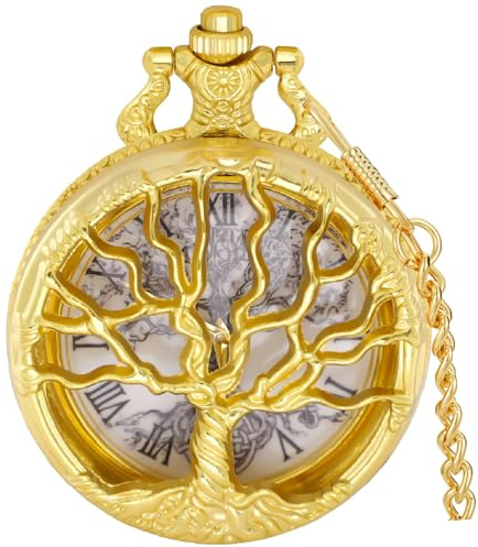 Tiong Orologio da tasca con albero della vita, numeri romani e arabi, orologio da tasca al quarzo con ciondolo a catena, per uomini e donne, 48-oro, Classico