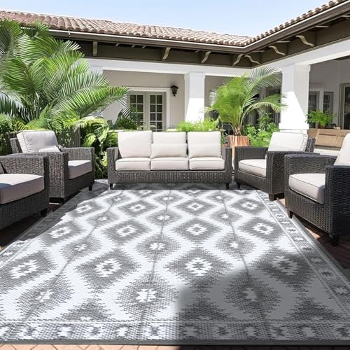 Alishomtll Outdoor Teppich Wetterfest 180x275cm, PP Wasserdichter Kunststoff Terrasse Teppich, Garten Balkon Wendbar UV-beständige Carpet, Außenteppich Camping für BBQ Picknick, Grau
