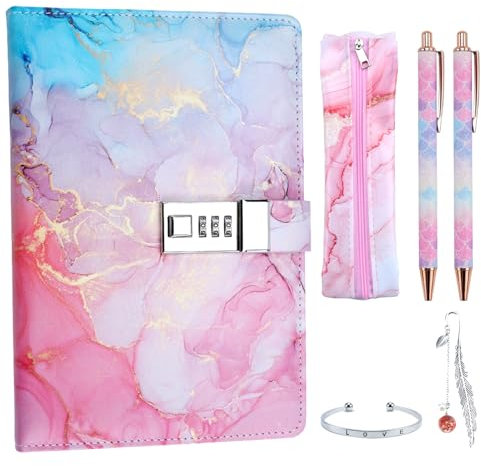 Aischens Journal Intime Fille avec Serrure à Combinaison, Carnet de Notes en Cuir PU, Ensemble de Carnet Secret avec Stylos, Marque-page, Bracelet, Set de Papeterie Cadeau pour Enfant Adolescentes