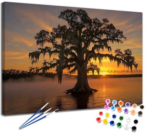 Malen Nach Zahlen Erwachsene Sonnenuntergang Malen Nach Zahlen Baum Groß Format 70x90 cm Handgemalt Ölgemälde, DIY Paint by Numbers Kit Pinseln und Acrylfarbe, Bastelset Als Geschenk für Frauen 2W-191