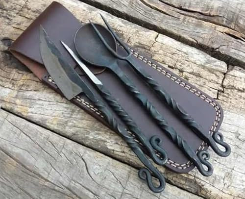 Viking Traders - Set da pranzo medievale forgiato a mano, 4 pezzi, utensili intrecciati con custodia in pelle, colore: nero