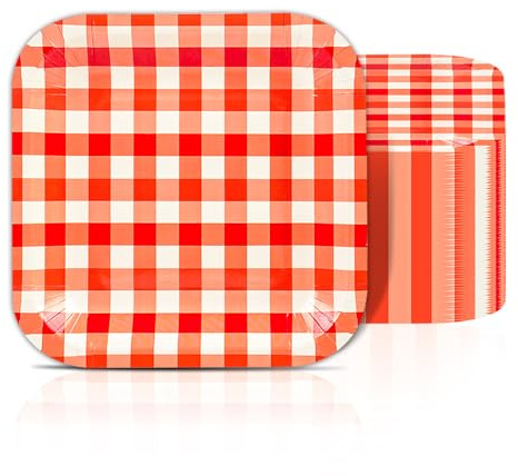 EVYIENEN Lot de 50 assiettes carrées jetables en carton à rayures rouge clair de 17,8 cm pour anniversaire, mariage, fête prénatale