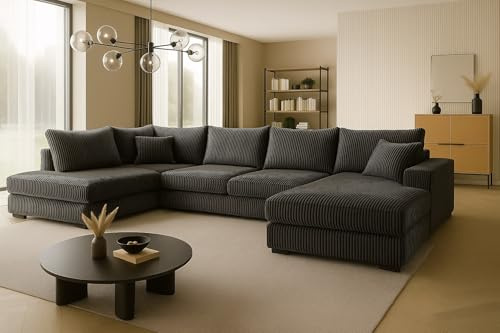 A&J MöbelLand Ecksofa Fabio 328x182 cm mit Schlaffunktion, Bonellfederkern und Bettkasten in Schwarz – modernes Schlafsofa mit Stauraum