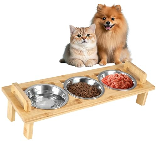 Elevated Cat Food Bowl, 3 Stainless Steel Raised Cat Bowls with Stand, 15°Tilted Cat Bowl for Small Dog, Cat Food and Water Bowl Set, Anti Vomitting, Whisker Fatigue and Dishwasher Safe