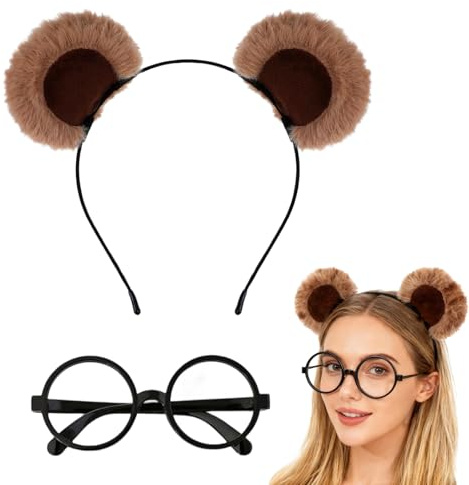 Yuwnd Bärenohren Haarreif Mit Brillengestell, Brauner Plüsch Bären Ohren Haarspange Und Schwarze Brille, Komplettes Set Für Cosplay, Halloween, Weihnachtsfeiern, Lolita Fashion