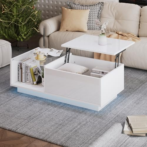 OKMYHOME Table Basse Relevable avec LED, Blanche, 100 × 50 cm | Hauteur 33 - 46.5 cm, rangement caché, plateau réglable, MDF, design moderne, pour salon