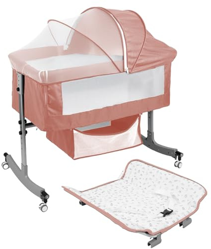 Makamsui Lit de Chevet bébé 4 en 1, Berceau Next to Me, lit Voyage avec Table à Langer Incluse, berceaux Panier Rangement, moustiquaire, roulettes, réglable Hauteur sur 6 Niveaux pour Rose