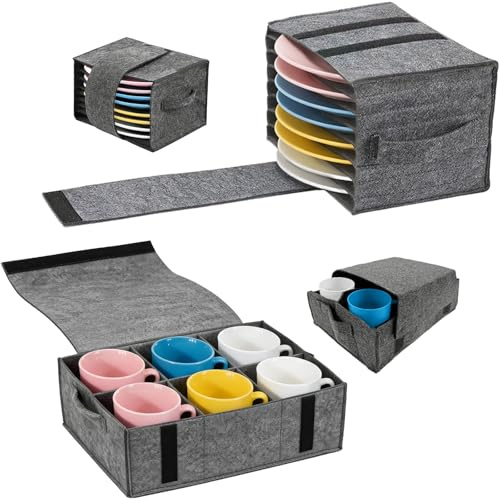 NBOUOU 2Pcs Motorhome Essentials Plate and Cup Storage Box Set with Dividers, Camping Plates and Bowls Set Organizer Holder for Motorhome Durable Felt Bag Protects Dishes & Mugs