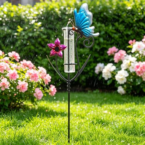 Recitem Regenmesser für Garten,Frostsicher Regenmesser,Niederschlagsmesser | Wetterfest,Schmetterling Regenwassermesse mit Klarer Skalar,Robust Gartenstecker Wassermesser für Garten Rasen Terrasse
