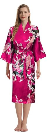 TRIFOLIUM Kimono - Peignoir Satin Soyeux avec Imprimé Paon & Fleurs Kimono Rose Vif Étiquette d'usine FR 50-52 (NG8701-XL-HPK-1PC)