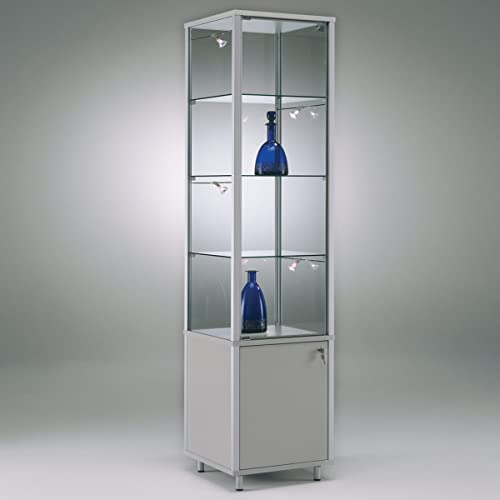 MHN Glasvitrine mit Rollen T 41,5 x B 41,5 x H 183 cm - schmale Ausstellungs-Vitrine mit Unterschrank abschließbar - Glas Vitrinenschrank - Spiegel-Rückwand - ohne Beleuchtung