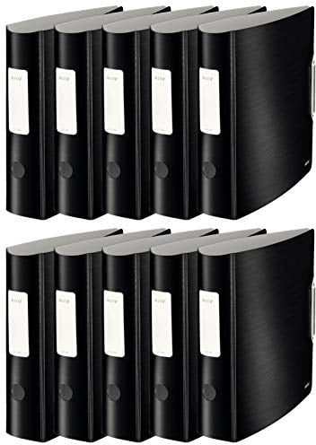 Leitz Qualitäts-Ordner 180° Active Style in gebürsteter Alu-Optik, A4, Runder Rücken, 8,2 cm Breite, Gummibandverschluss (10er Pack, Satin-Schwarz)