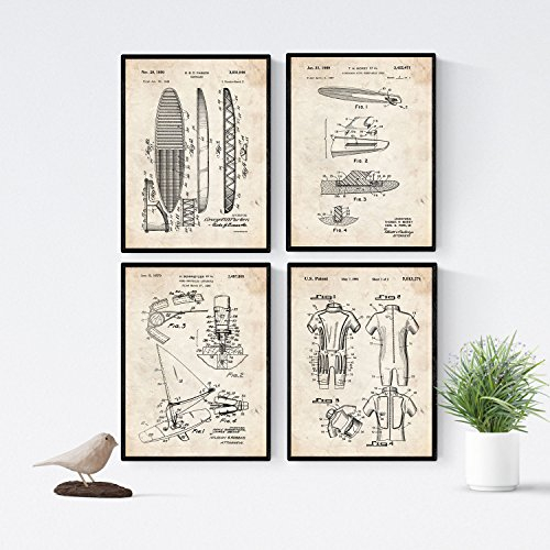 Nacnic Vintage Surf Patent Poster 4-er Set. Vintage Stil Wanddekoration Abbildung von Surfbrett und Neoprenanzug. Verschiedene geometrische Alte Erfindungen Bilder ohne Rahmen. Größe A4.