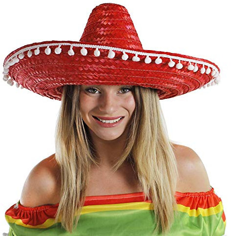 LADIES MEXICAN RED SOMBRERO FANCY DRESS ACCESSORY HAT HOLIDAY STRAW SOMBRERO WITH POMPOM EDGING HEN NIGHT