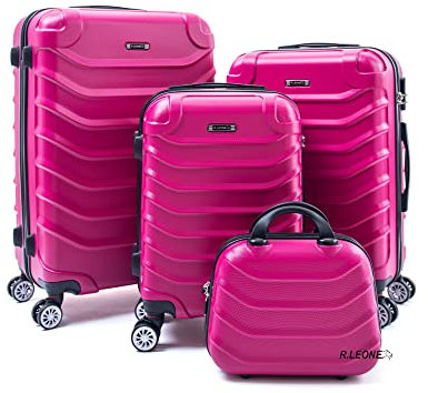 R.Leone Valigia Set 4 Trolley Rigido grande, medio, bagaglio a mano e beauty case 8 ruote in ABS 2026 (Fucsia, Set 4 XS S M L)
