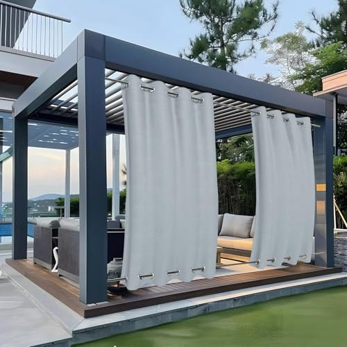 Clothink Outdoor Vorhang Ösen Oben Unten Anti-Verblassen Windschutz Sonnenschutz Sichtschutz Wetterfest, Terrasse Balkon Pergola (Grau-Weiß, 132x245cm)
