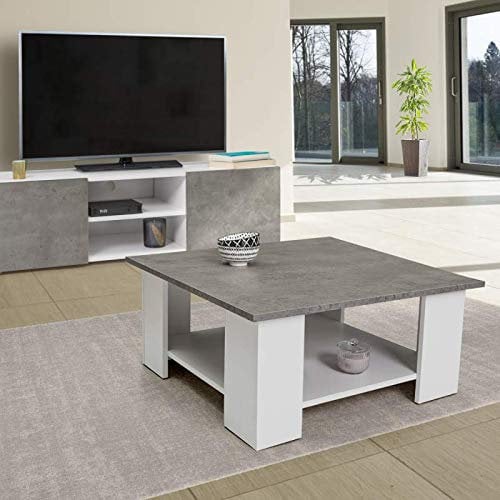 IDMarket - Table Basse carrée ELI Blanche Plateau Effet béton