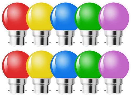 MZYOYO Lot de 10 ampoules LED B22 1W,ampoule écoénergétique colorée Couleur,Ampoule de Noël,Ampoules Guirlande Rouge, Jaune, Bleu, Vert, Violet, (équivalent 5W)