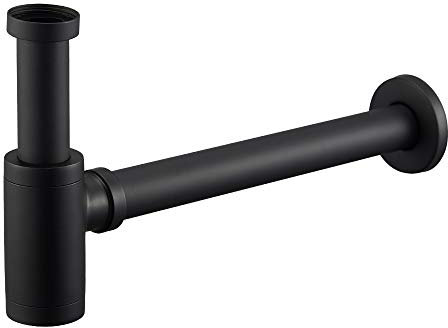 Wasserrhythm Flaschensiphon Siphon für Waschbecken Waschtisch, Geruchsverschluss mit Reinigungsöffnung, Röhrenlänge & Höhe verstellbar, mit Gummimanschette, 1 1/4 Zoll Gewindeanschluss, Schwarz
