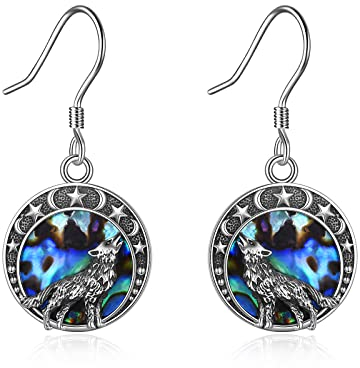 Wolf Ohrringe 925 Sterling Silber - Mond Stern Tropfen Schmuck Geschenke Für Damen Mädchen (Abalone Muschel)