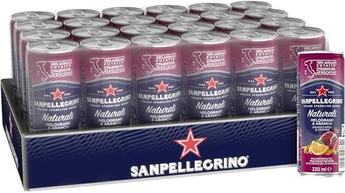 San Pellegrino Melograno & Arancia Orangen-Granatapfel-Limonade mit 10% Orangensaft und 5% Granatapfelsaft (aus Konzentrat), 24er Pack (24 x 330ml) Einweg-Dosen