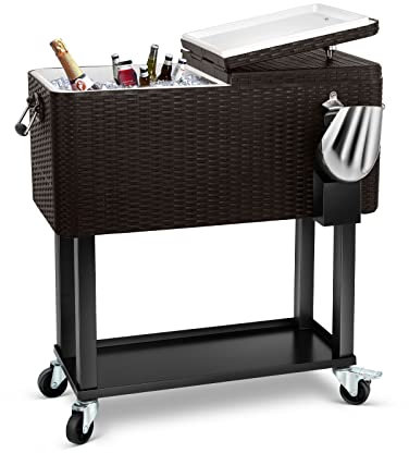 EDOSTORY 80 Quart Rattan Rolling Ice Chest Cooler Cart,Patio Backyard Party Drink Beverage Bar Stand Up Cooler Trolley with Ice Scoop
