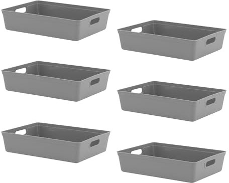 simpa 6L 6 Litre Plastic Storage Basket Studio Organiser Trays with Handles - Grey, Set of 6 Trays - 8cm (H) x 35cm (L) x 26cm (W)