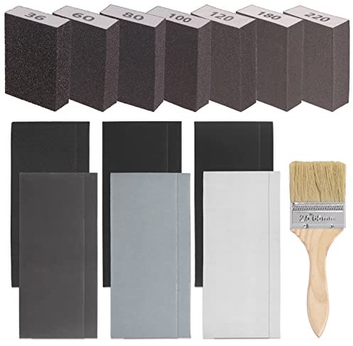 Glarks 20-teiliges Schleifschwamm-Set, inkl. 7 Schleifschwämme mit 36–220er-Körnung, grobe, mittelfeine Körnung, weißer Schleifschwamm mit 240–5000er-Körnung und 1 Pinsel, ideal für Holz, Metall