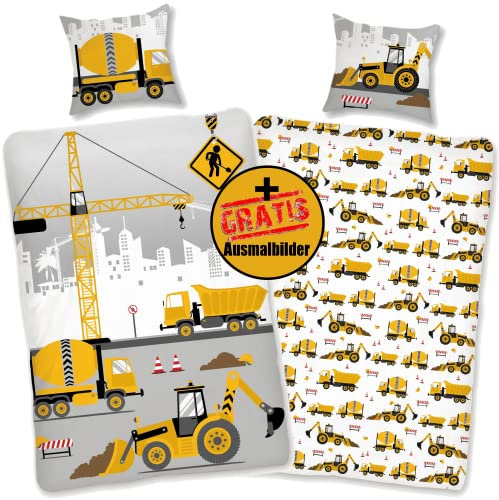 SkyBrands Bettwäsche Bagger 135x200 Kinderbettwäsche Junge [Baumwolle] 80x80 Kissen-Bezug Bagger Bettwäsche 135x200 Auto