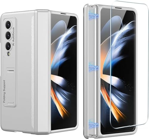 XJZ Compatible with Samsung Galaxy Z Fold 4-5G Smartphone Case[Silver]+3D Tempered Glass/Cover 360 Full Body Military-Grade Anti-Drop Hinge Protective Mobile Case Kickstand for 4-2022