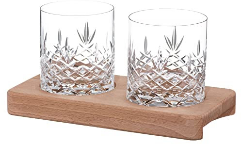 DIAMANTE Buckingham Whisky Tumblers with Tray - Premium Hand Cut Lead Free Crystal - Set of 2 with Wooden Serving Tray